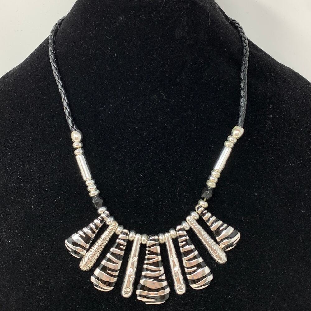Handmade Artisan Beaded Necklace Silver Tone Beads Braided Black Rope Chain